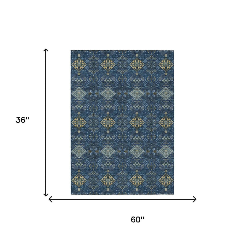 3' X 5' Navy Blue And Gold Geometric Washable Indoor Outdoor Area Rug Homeroots Outdoor