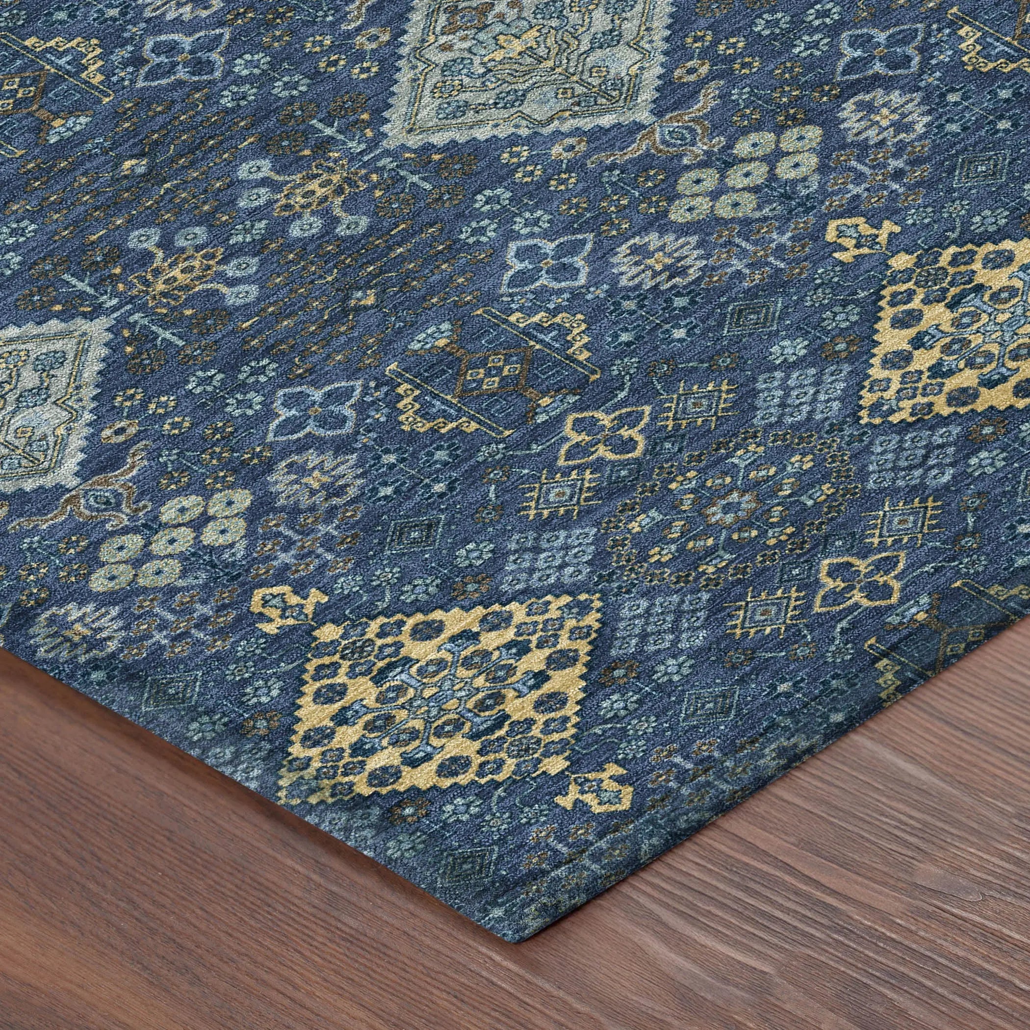 3' X 5' Navy Blue And Gold Geometric Washable Indoor Outdoor Area Rug Homeroots Outdoor