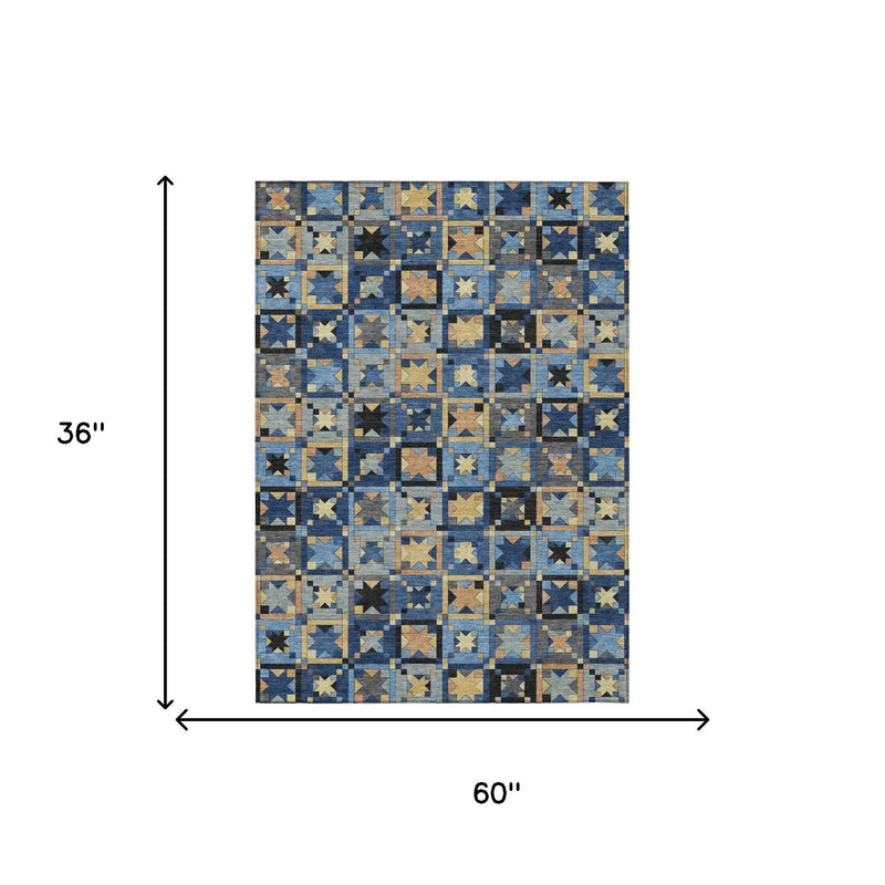 3' X 5' Navy Blue And Gold Patchwork Washable Indoor Outdoor Area Rug Homeroots Outdoor