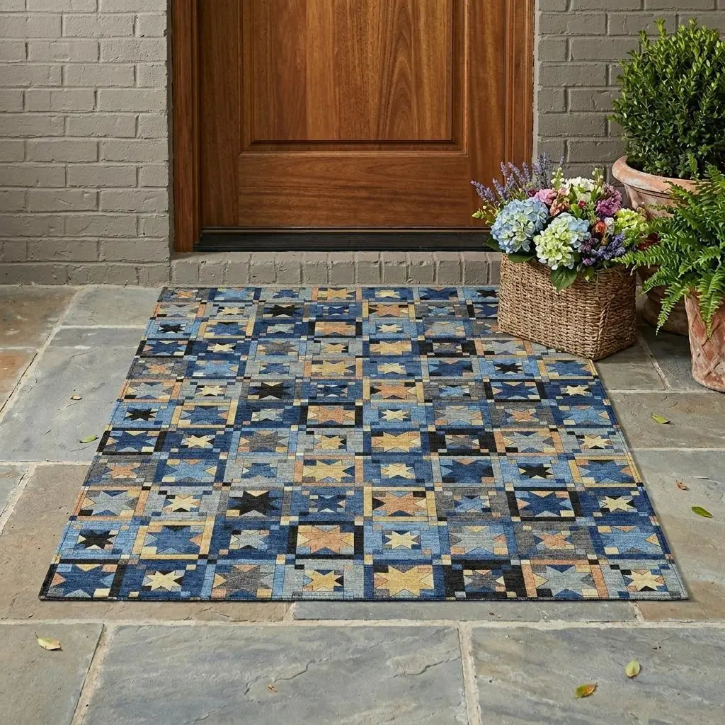 3' X 5' Navy Blue And Gold Patchwork Washable Indoor Outdoor Area Rug Homeroots Outdoor