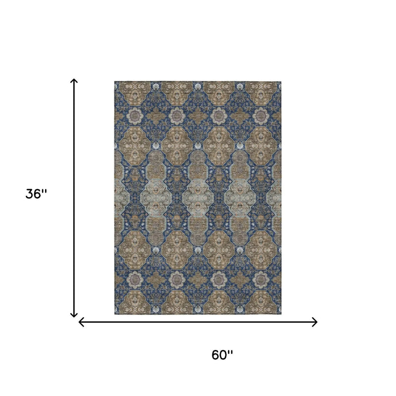 3' X 5' Navy Blue And Gray Floral Washable Indoor Outdoor Area Rug Homeroots Outdoor
