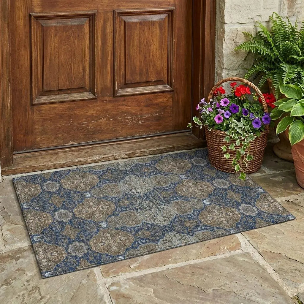 3' X 5' Navy Blue And Gray Floral Washable Indoor Outdoor Area Rug Homeroots Outdoor