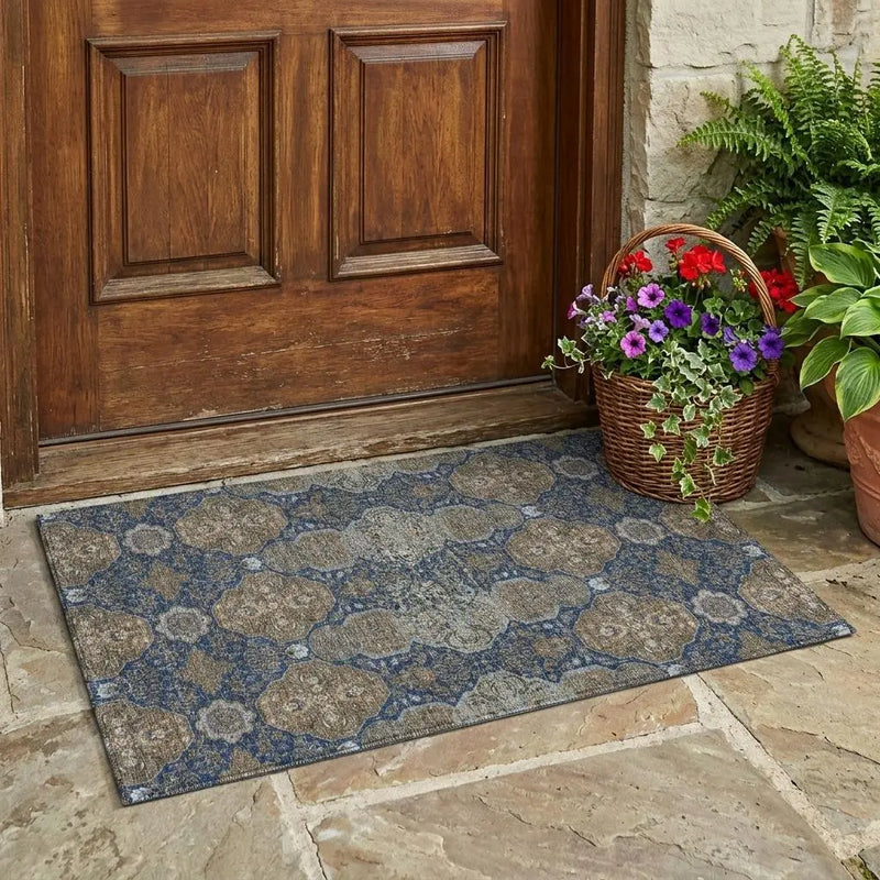 3' X 5' Navy Blue And Gray Floral Washable Indoor Outdoor Area Rug Homeroots Outdoor