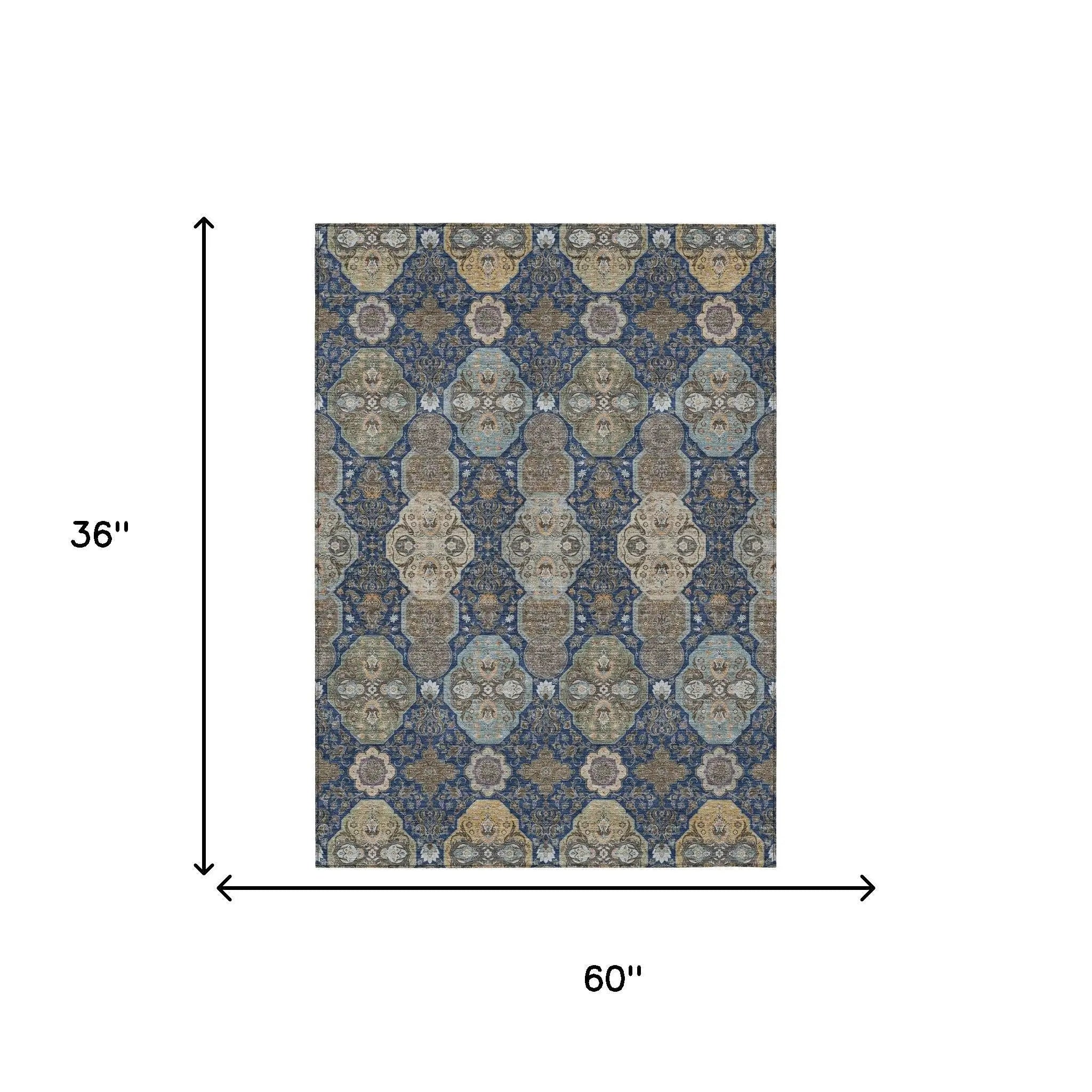 3' X 5' Navy Blue And Gray Floral Washable Indoor Outdoor Area Rug Homeroots Outdoor