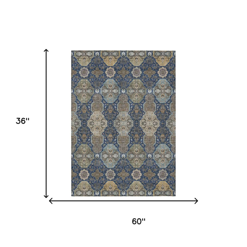 3' X 5' Navy Blue And Gray Floral Washable Indoor Outdoor Area Rug Homeroots Outdoor