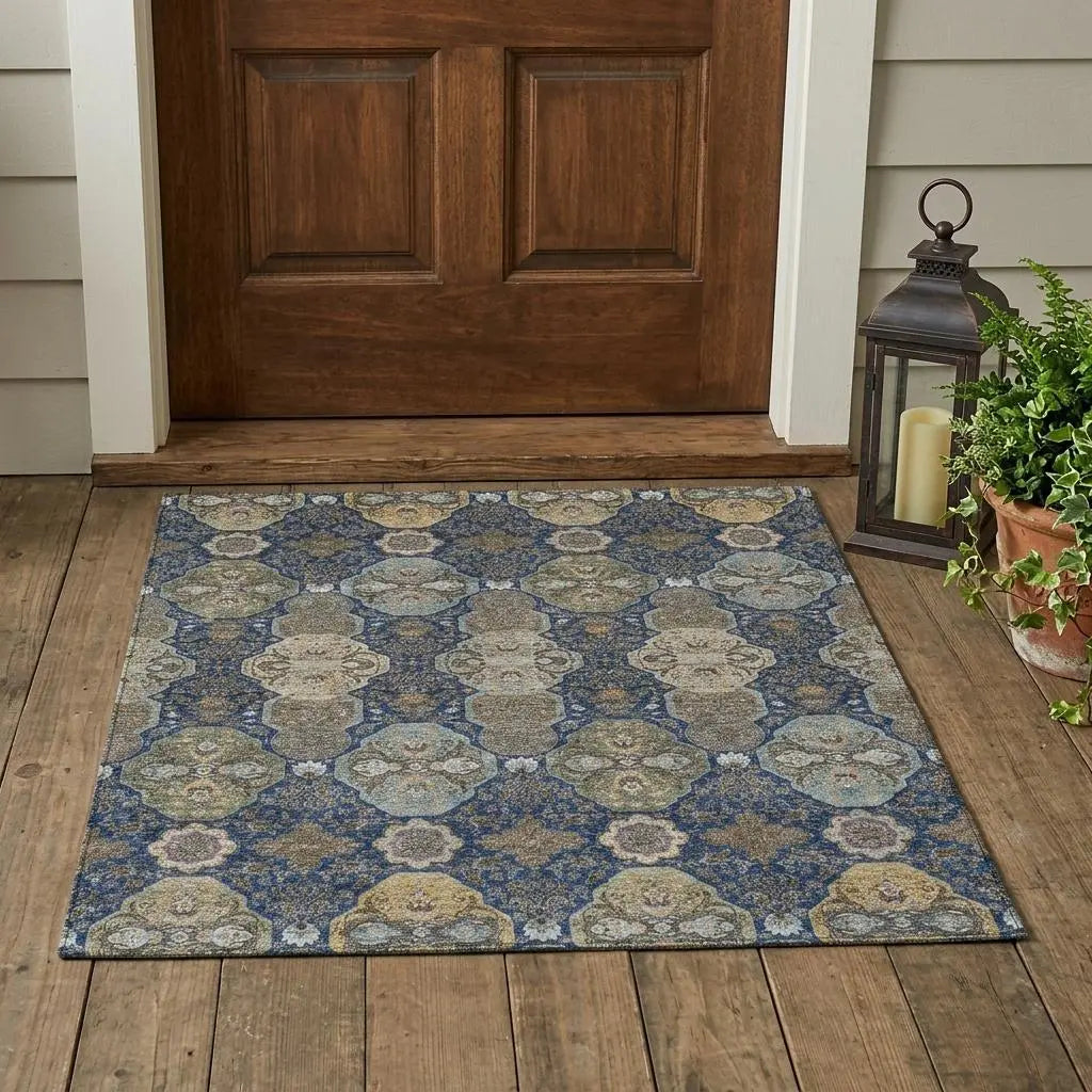3' X 5' Navy Blue And Gray Floral Washable Indoor Outdoor Area Rug Homeroots Outdoor