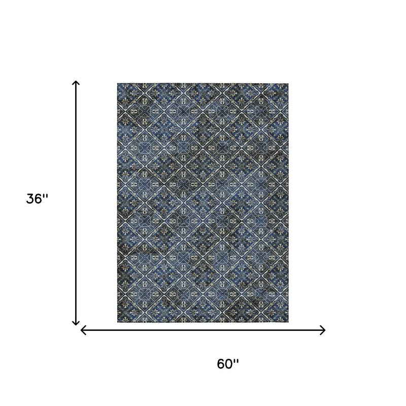 3' X 5' Navy Blue And Gray Geometric Washable Indoor Outdoor Area Rug Homeroots Outdoor