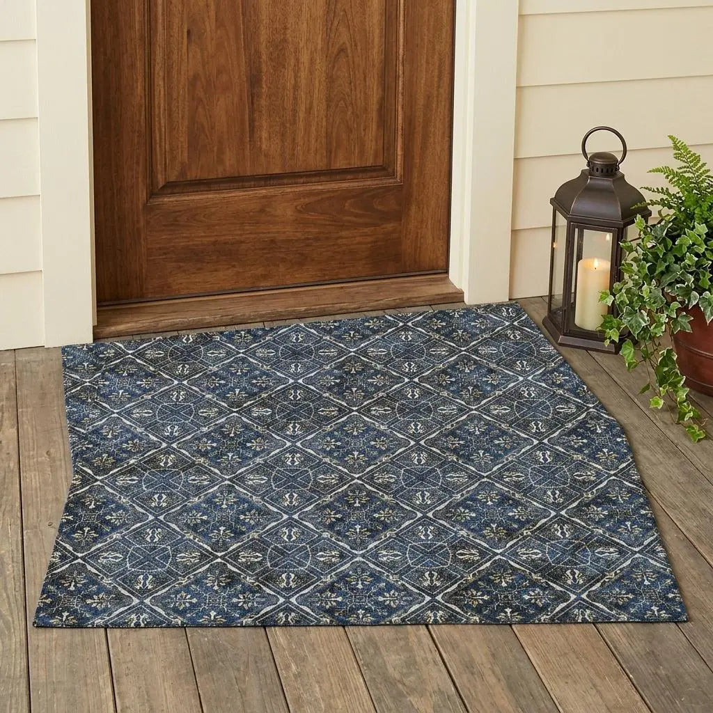 3' X 5' Navy Blue And Gray Geometric Washable Indoor Outdoor Area Rug Homeroots Outdoor