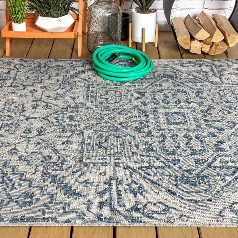 3' X 5' Navy Blue And Gray Medallion Indoor Outdoor Area Rug Homeroots Outdoor