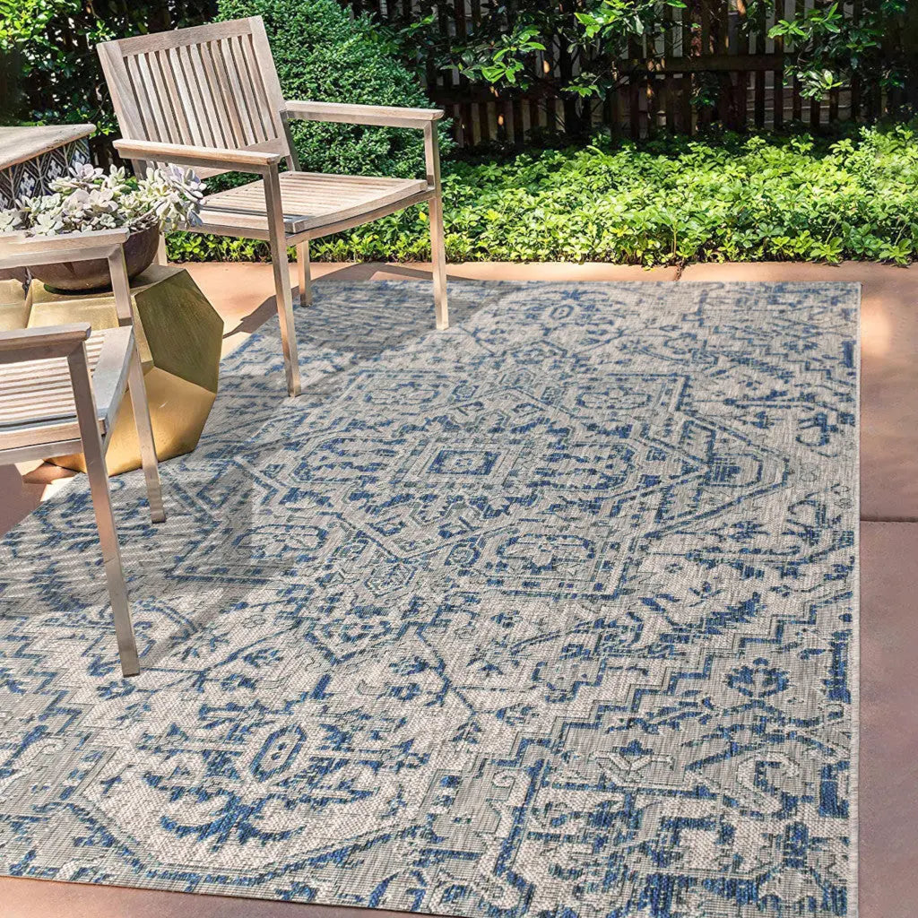 3' X 5' Navy Blue And Gray Medallion Indoor Outdoor Area Rug Homeroots Outdoor