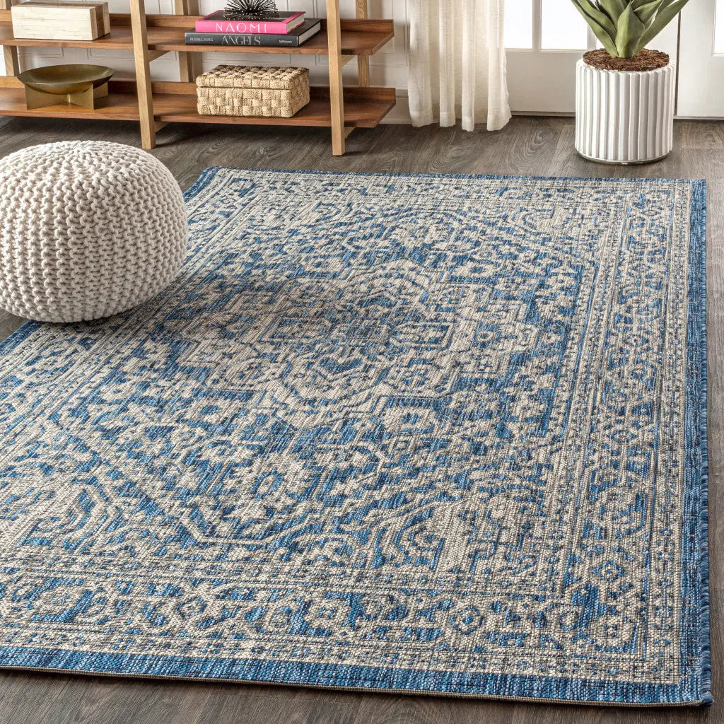 3' X 5' Navy Blue And Gray Medallion Indoor Outdoor Area Rug Homeroots Outdoor