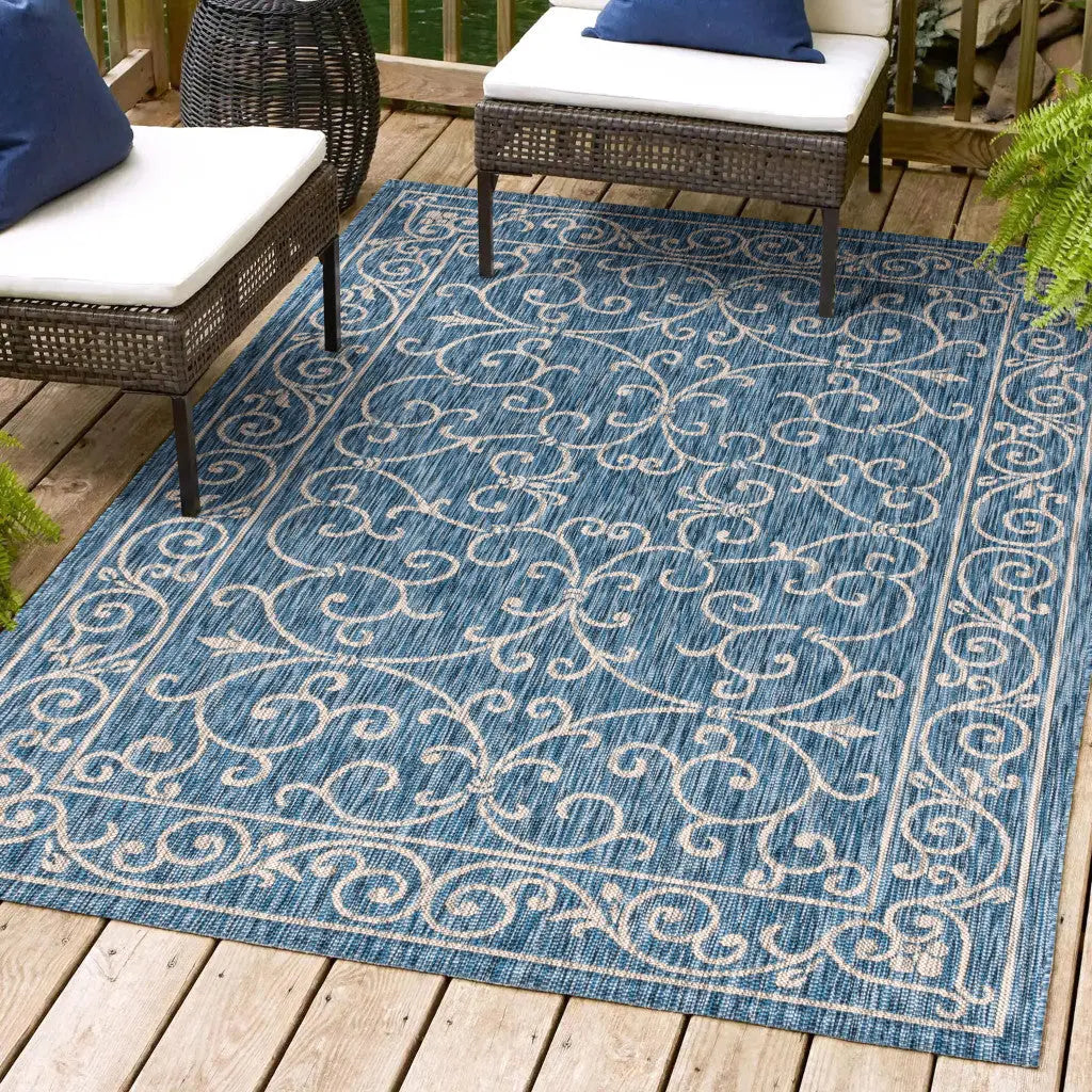 3' X 5' Navy Blue And Gray Medallion Indoor Outdoor Area Rug Homeroots Outdoor