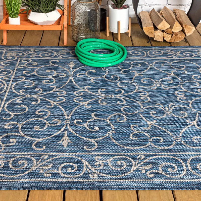 3' X 5' Navy Blue And Gray Medallion Indoor Outdoor Area Rug Homeroots Outdoor