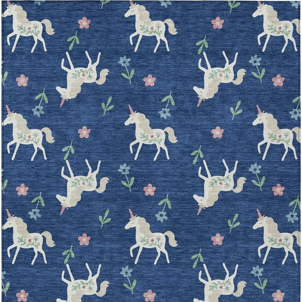 3' X 5' Navy Blue And Green Floral Washable Indoor Outdoor Area Rug Homeroots Outdoor