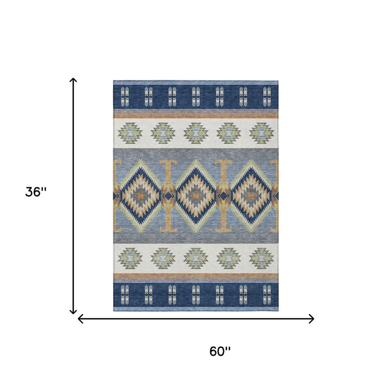 3' X 5' Navy Blue And Green Southwestern Washable Indoor Outdoor Area Rug Homeroots Outdoor