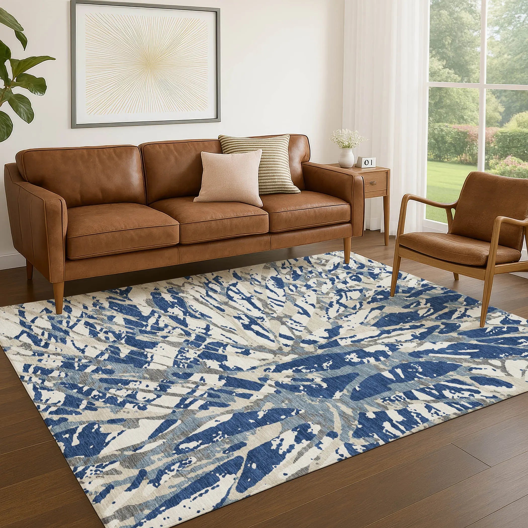 3' X 5' Navy Blue And Ivory Abstract Washable Indoor Outdoor Area Rug Homeroots Outdoor