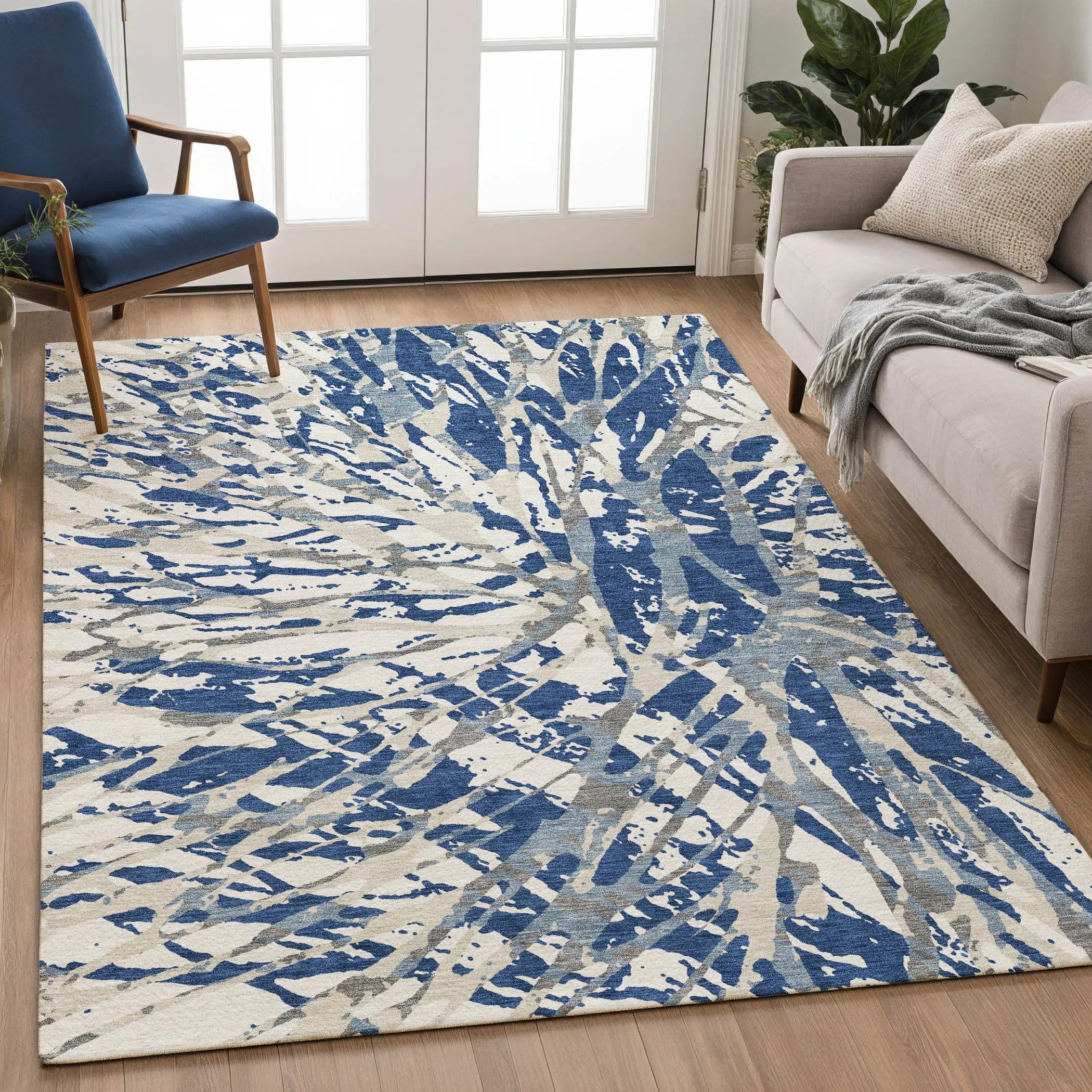 3' X 5' Navy Blue And Ivory Abstract Washable Indoor Outdoor Area Rug Homeroots Outdoor