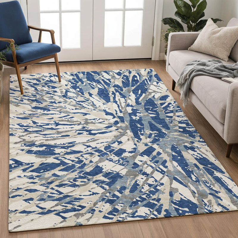 3' X 5' Navy Blue And Ivory Abstract Washable Indoor Outdoor Area Rug Homeroots Outdoor