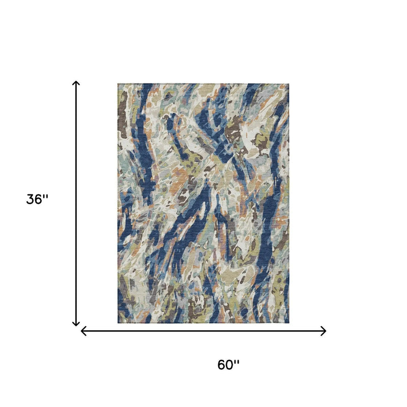 3' X 5' Navy Blue And Ivory Abstract Washable Indoor Outdoor Area Rug Homeroots Outdoor