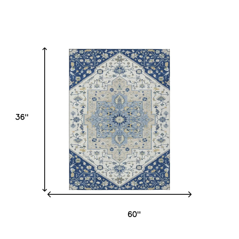 3' X 5' Navy Blue And Ivory Floral Medallion Washable Indoor Outdoor Area Rug Homeroots Outdoor