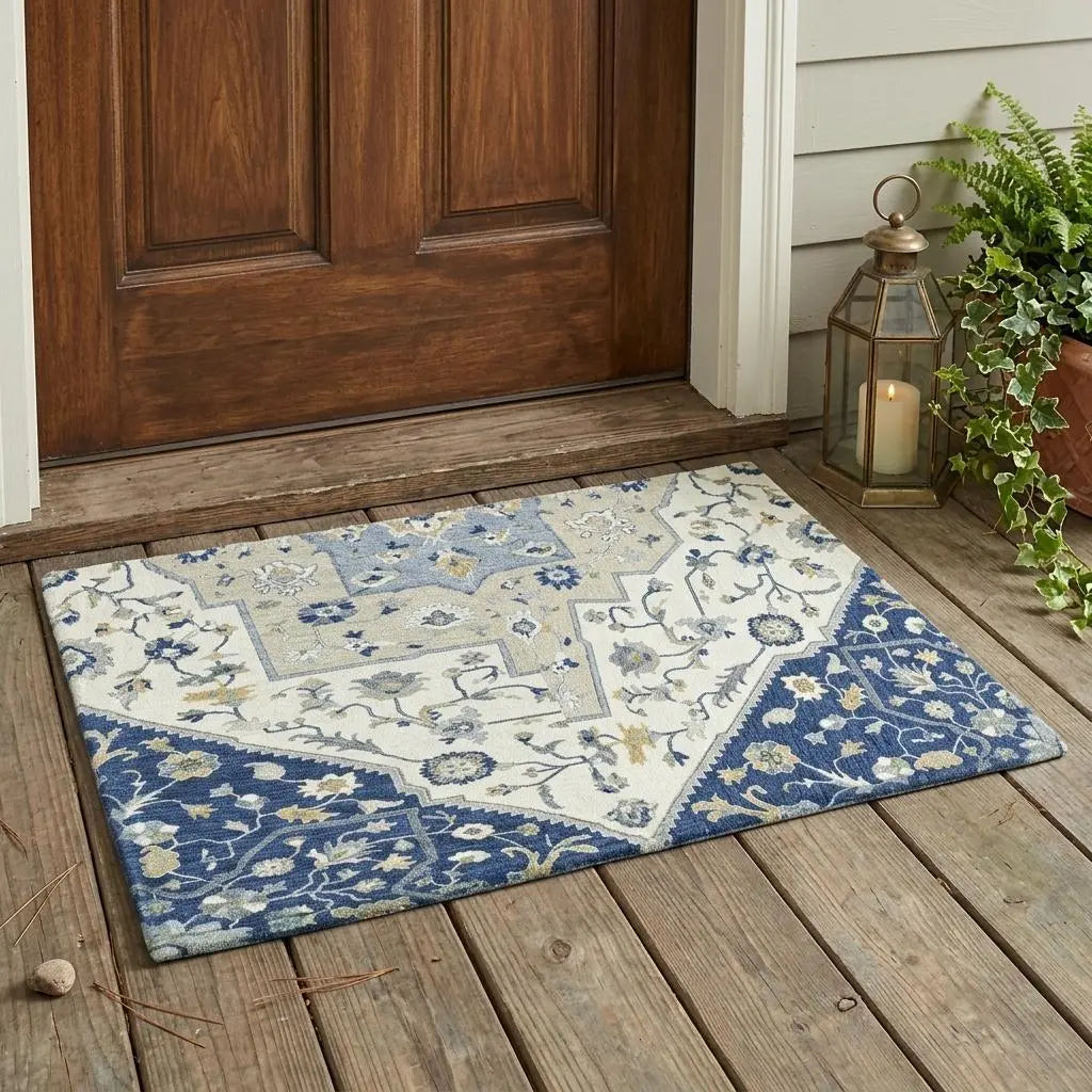 3' X 5' Navy Blue And Ivory Floral Medallion Washable Indoor Outdoor Area Rug Homeroots Outdoor