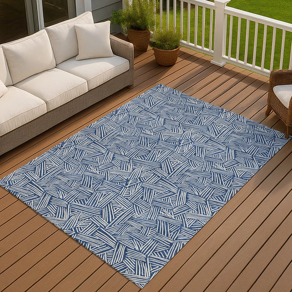 3' X 5' Navy Blue And Ivory Geometric Washable Indoor Outdoor Area Rug Homeroots Outdoor