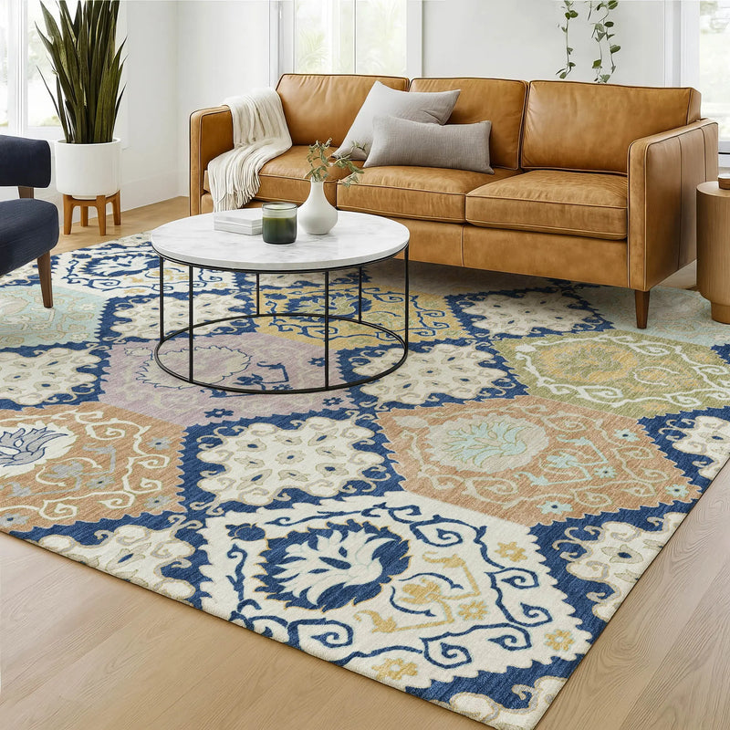 3' X 5' Navy Blue And Ivory Geometric Washable Indoor Outdoor Area Rug Homeroots Outdoor