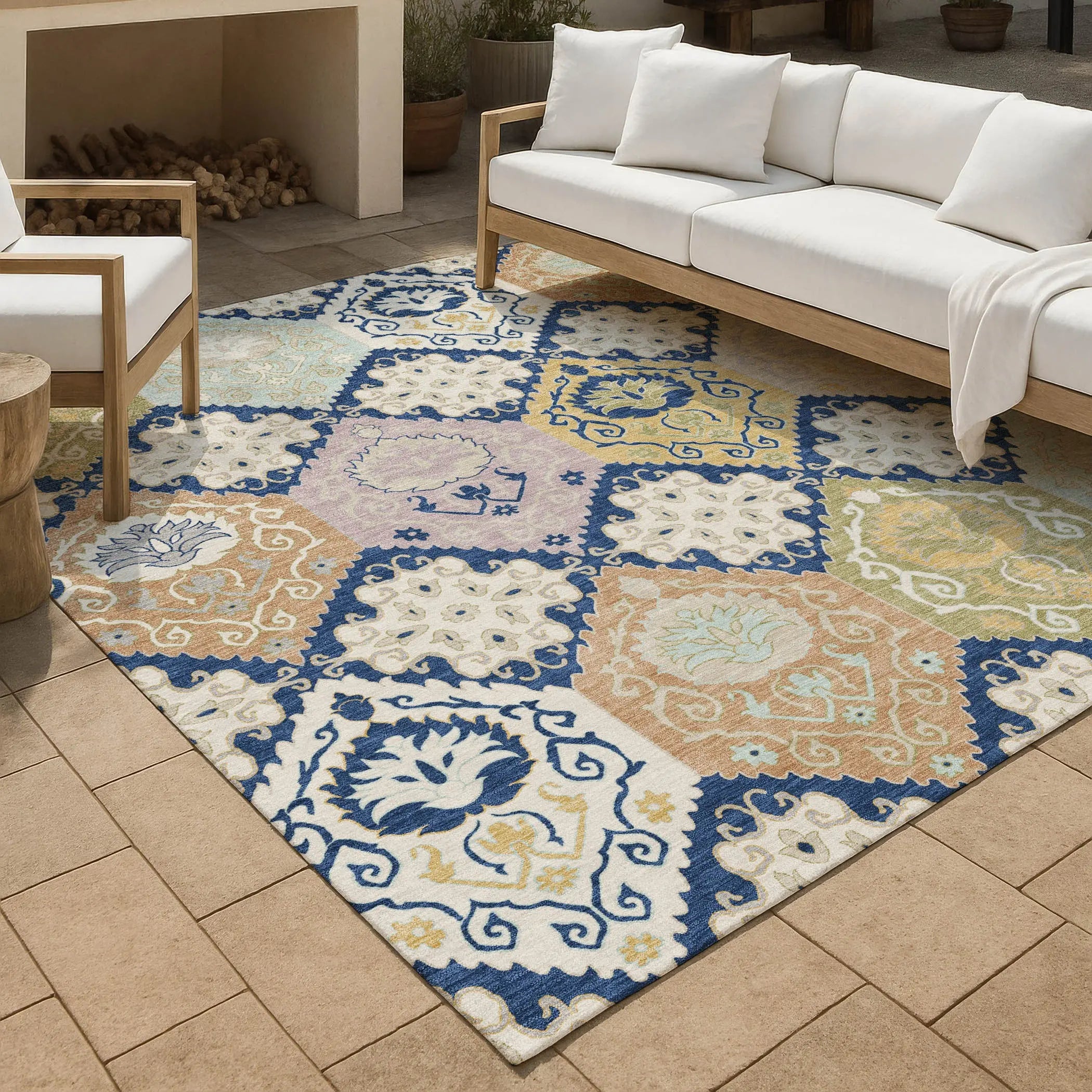 3' X 5' Navy Blue And Ivory Geometric Washable Indoor Outdoor Area Rug Homeroots Outdoor
