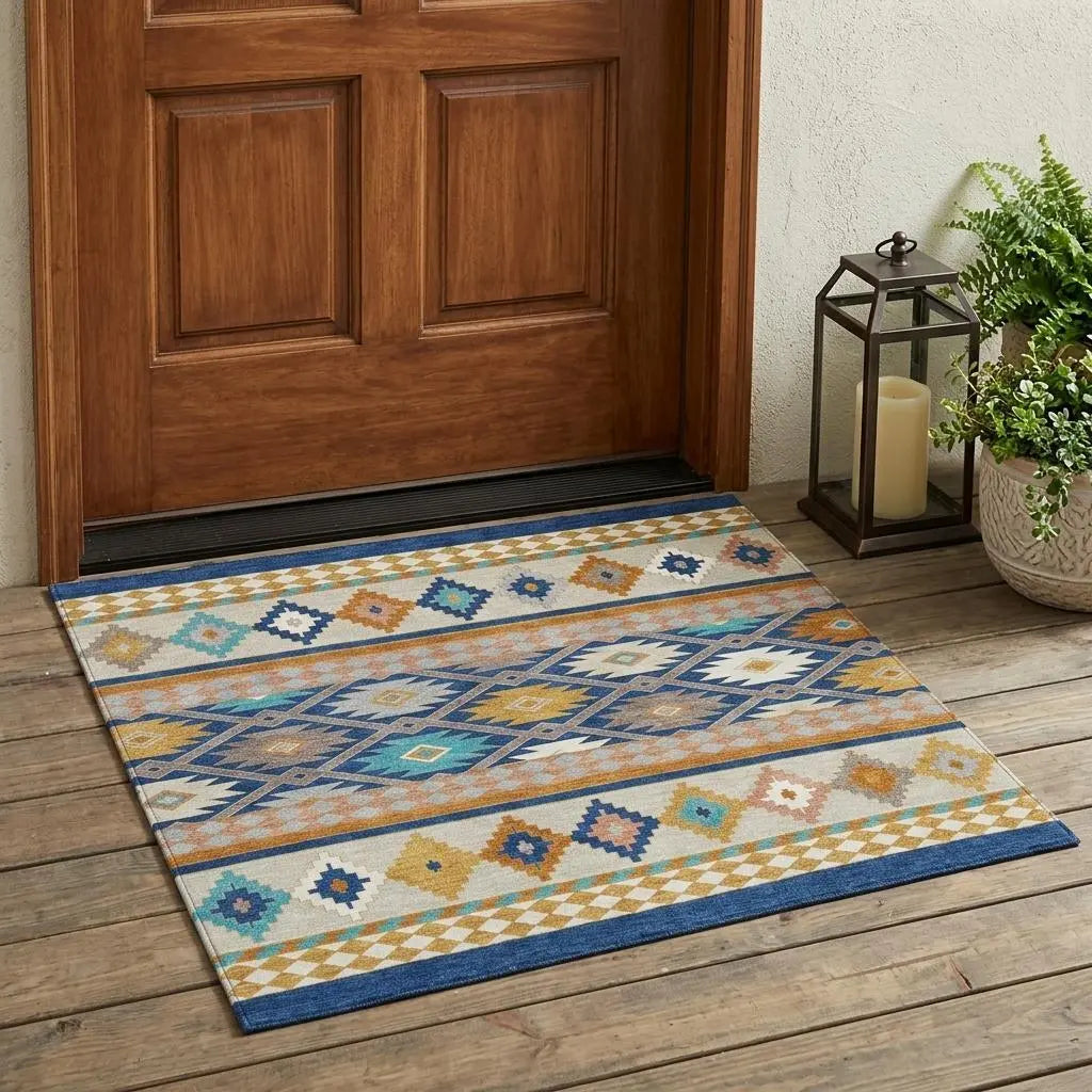 3' X 5' Navy Blue And Ivory Southwestern Washable Indoor Outdoor Area Rug Homeroots Outdoor