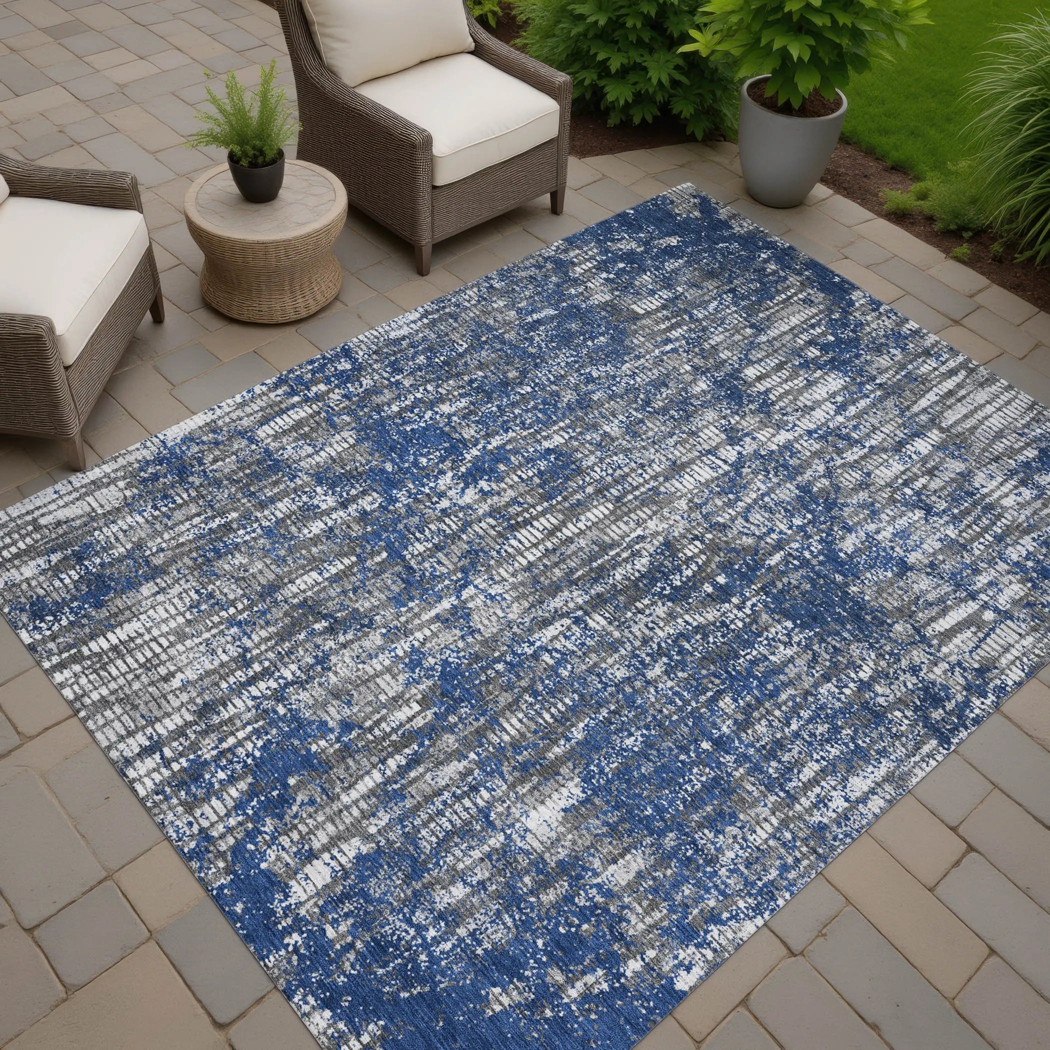 3' X 5' Navy Blue And Khaki Abstract Washable Indoor Outdoor Area Rug Homeroots Outdoor