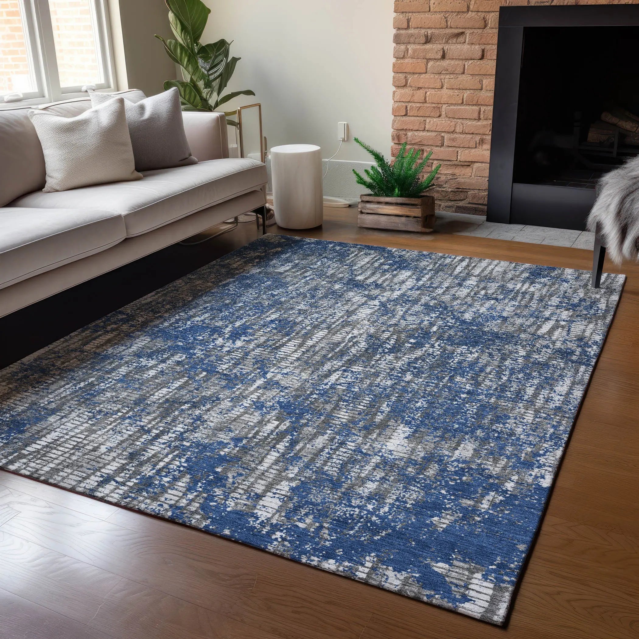 3' X 5' Navy Blue And Khaki Abstract Washable Indoor Outdoor Area Rug Homeroots Outdoor