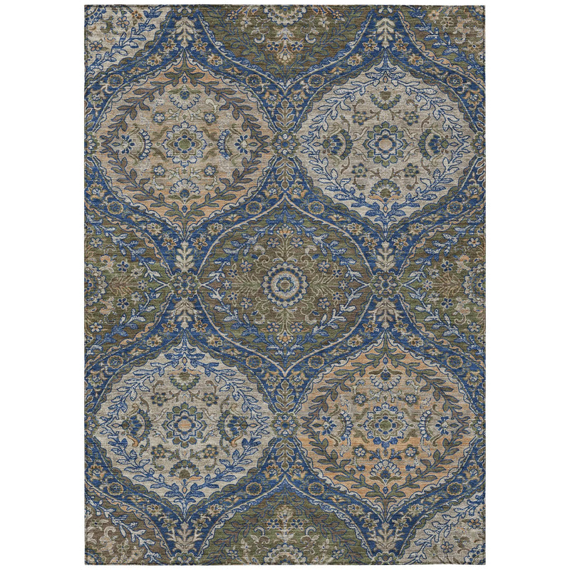 3' X 5' Navy Blue And Linen Ogee Washable Indoor Outdoor Area Rug Homeroots Outdoor