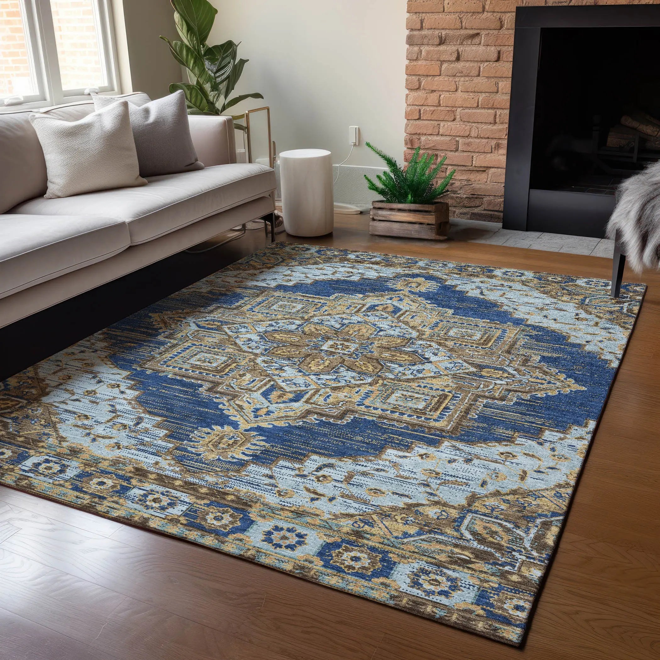 3' X 5' Navy Blue And Linen Oriental Washable Indoor Outdoor Area Rug Homeroots Outdoor