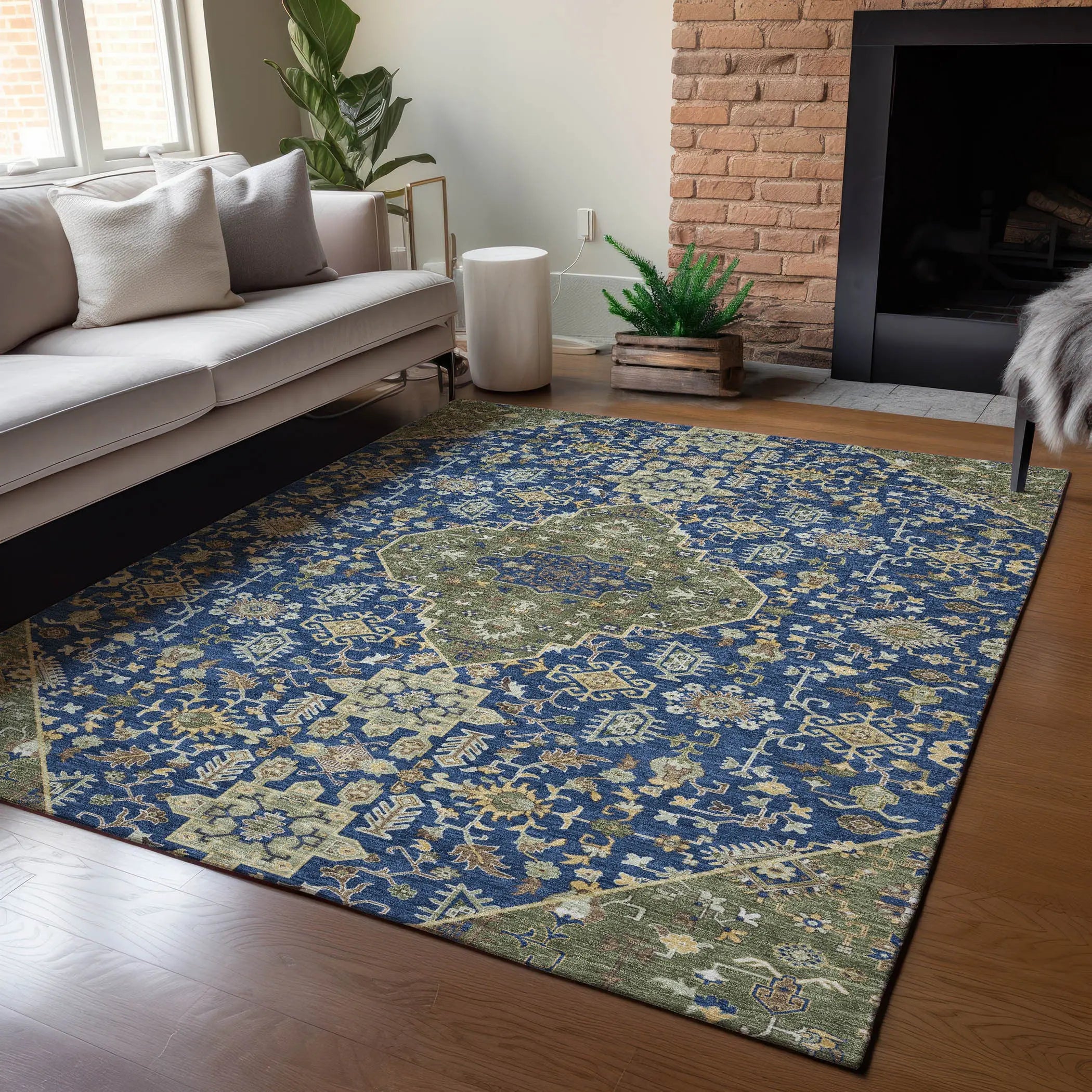 3' X 5' Navy Blue And Pewter Medallion Washable Indoor Outdoor Area Rug Homeroots Outdoor