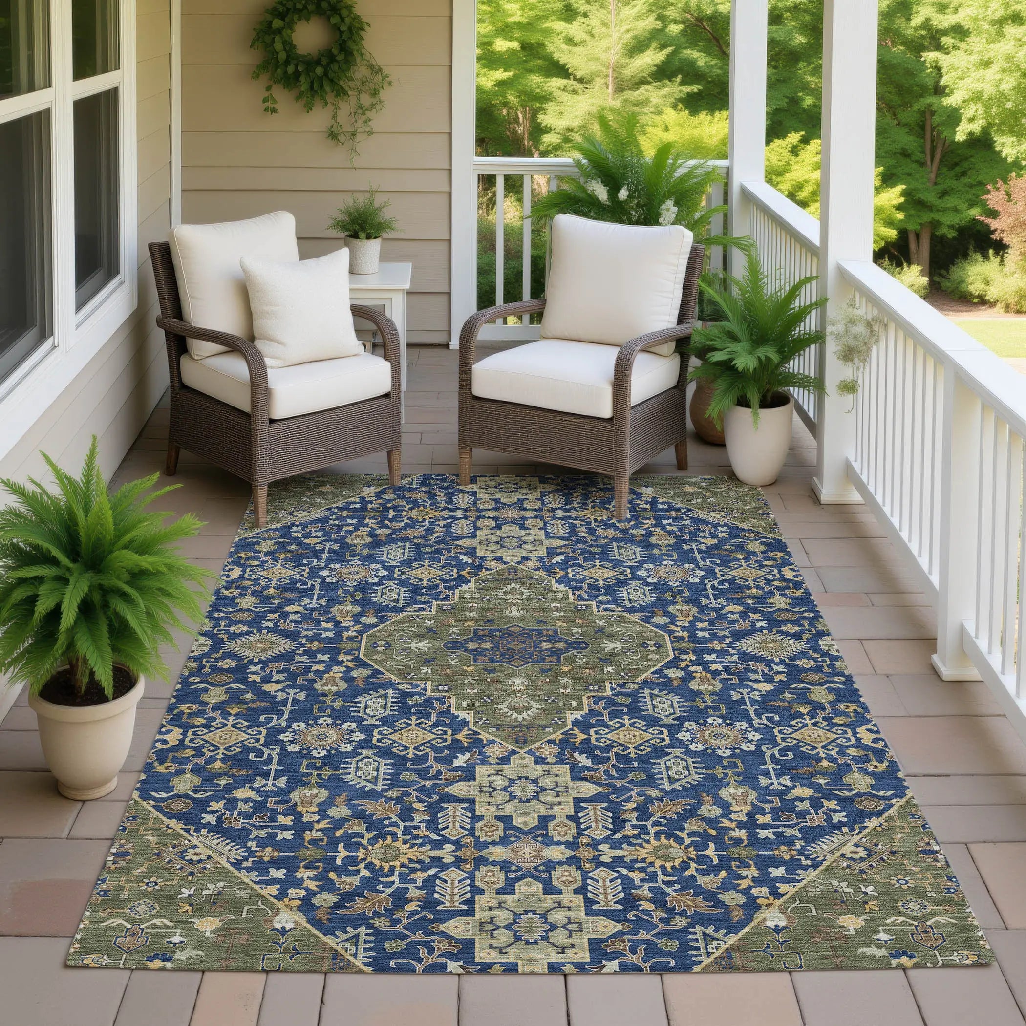 3' X 5' Navy Blue And Pewter Medallion Washable Indoor Outdoor Area Rug Homeroots Outdoor