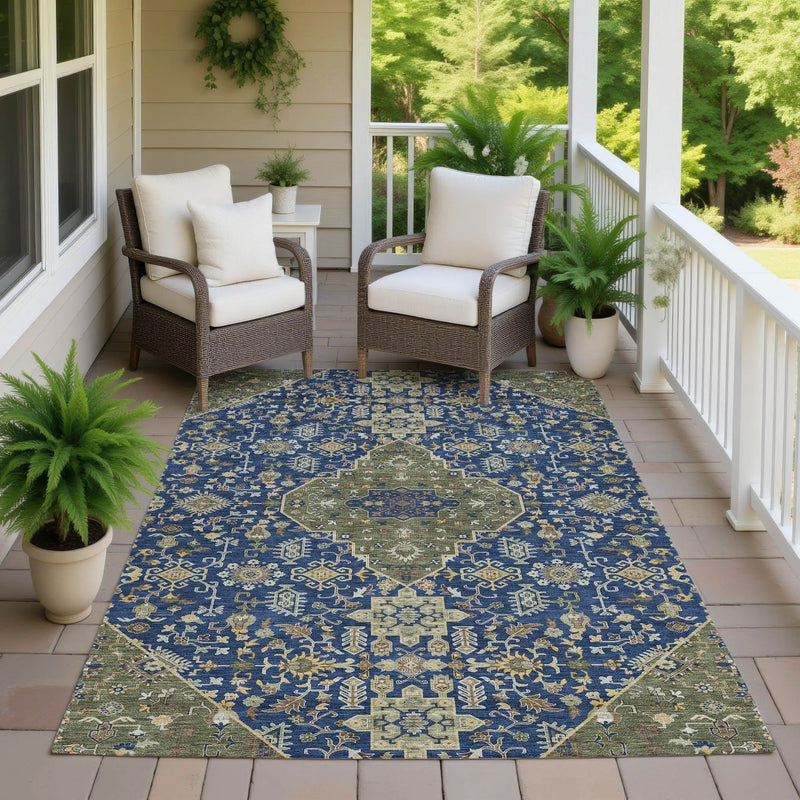3' X 5' Navy Blue And Pewter Medallion Washable Indoor Outdoor Area Rug Homeroots Outdoor
