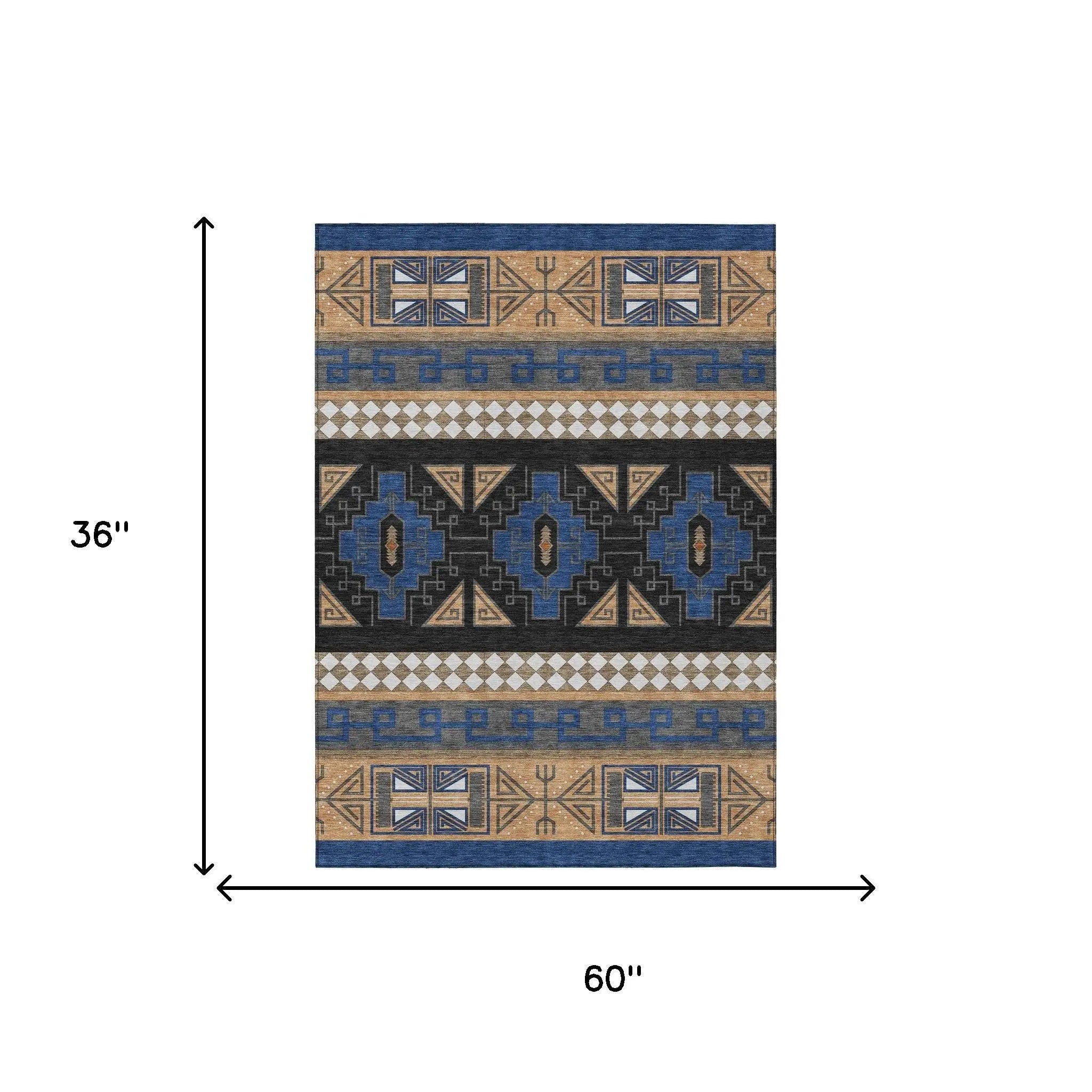 Blue and beige geometric patterned area rug, 36"x60", made of durable synthetic materials.
