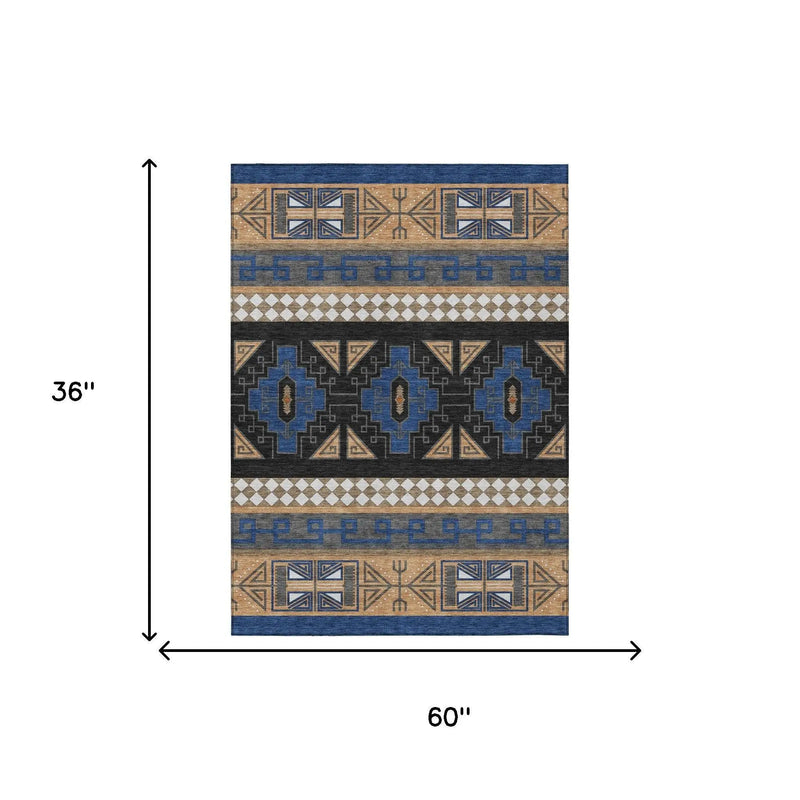 Blue and beige geometric patterned area rug, 36"x60", made of durable synthetic materials.