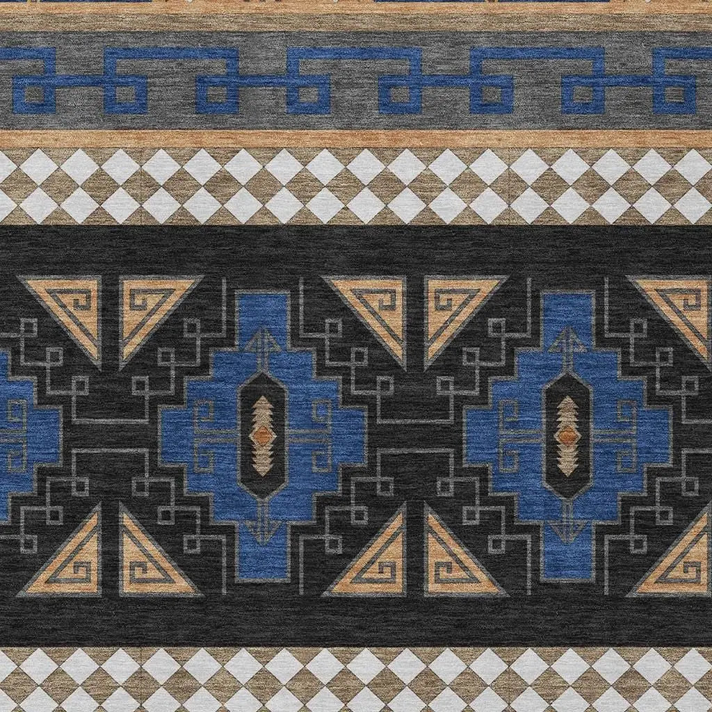 Navy and beige geometric patterned area rug with tribal design, soft texture, ideal for modern or bohemian decor.
