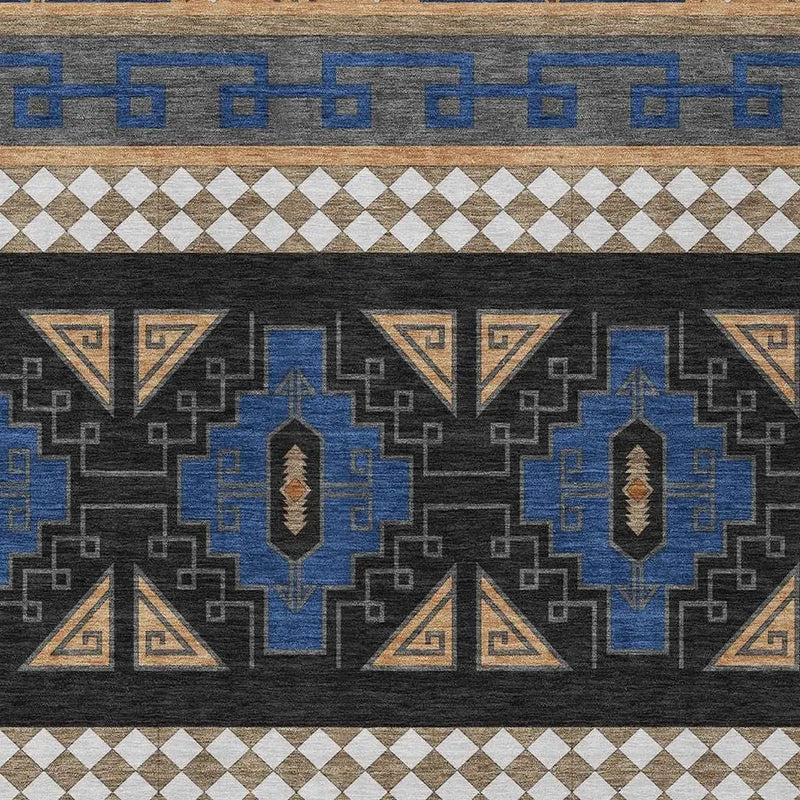 Navy and beige geometric patterned area rug with tribal design, soft texture, ideal for modern or bohemian decor.