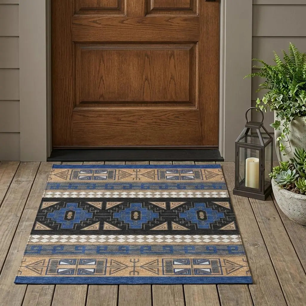 Navy blue and tan geometric patterned outdoor rug, ideal for entryways, made from durable weather-resistant materials.