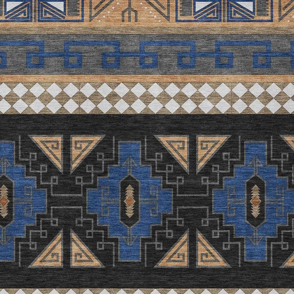 Colorful geometric patterned fabric in blue, orange, and black; ideal for modern home decor and upholstery projects.