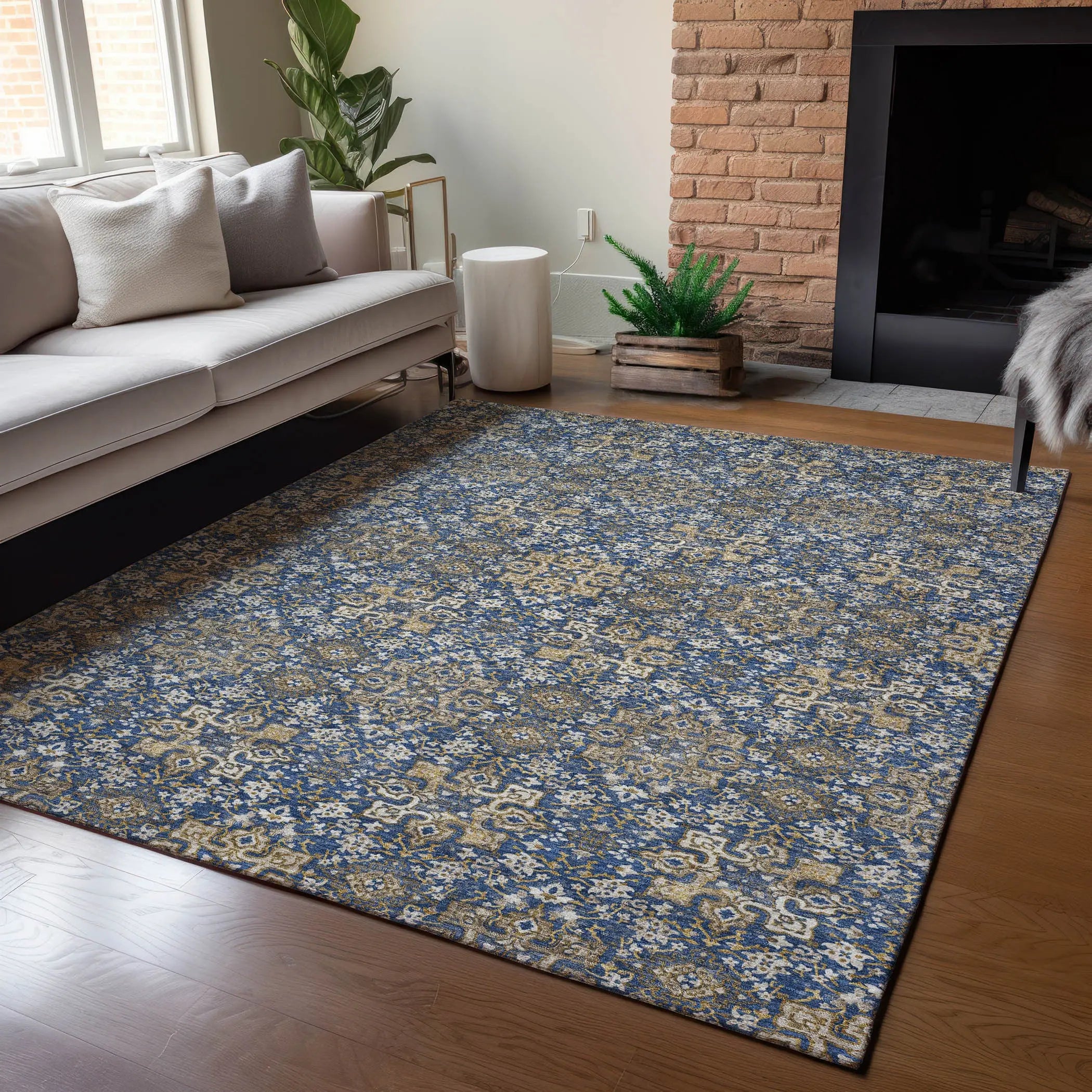 3' X 5' Navy Blue And Silver Oriental Washable Indoor Outdoor Area Rug Homeroots Outdoor