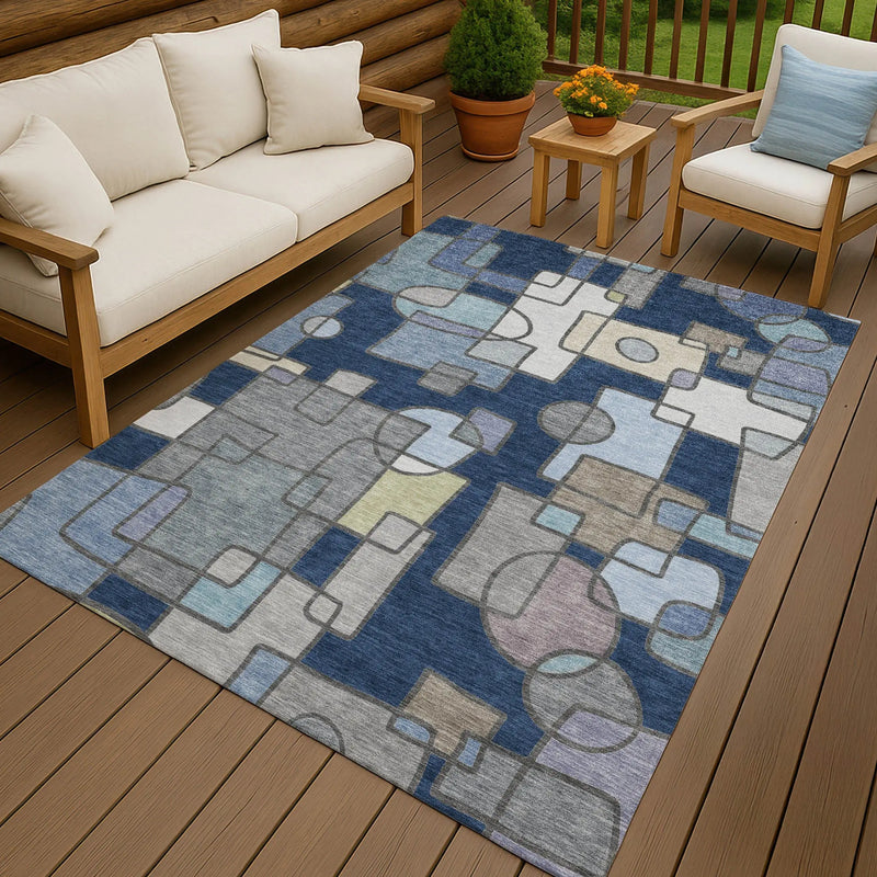 3' X 5' Navy Blue And Sky Blue Geometric Washable Indoor Outdoor Area Rug Homeroots Outdoor