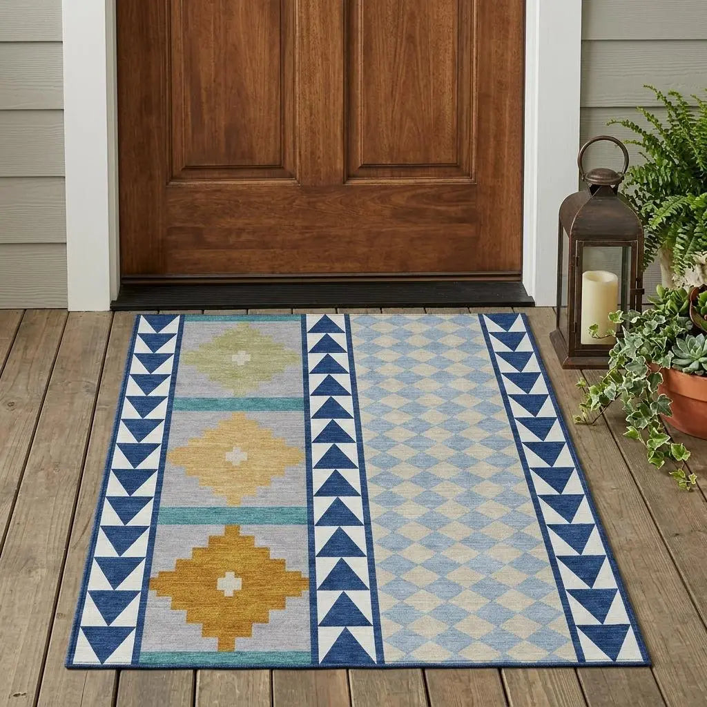 3' X 5' Navy Blue And Sky Blue Southwestern Washable Indoor Outdoor Area Rug Homeroots Outdoor