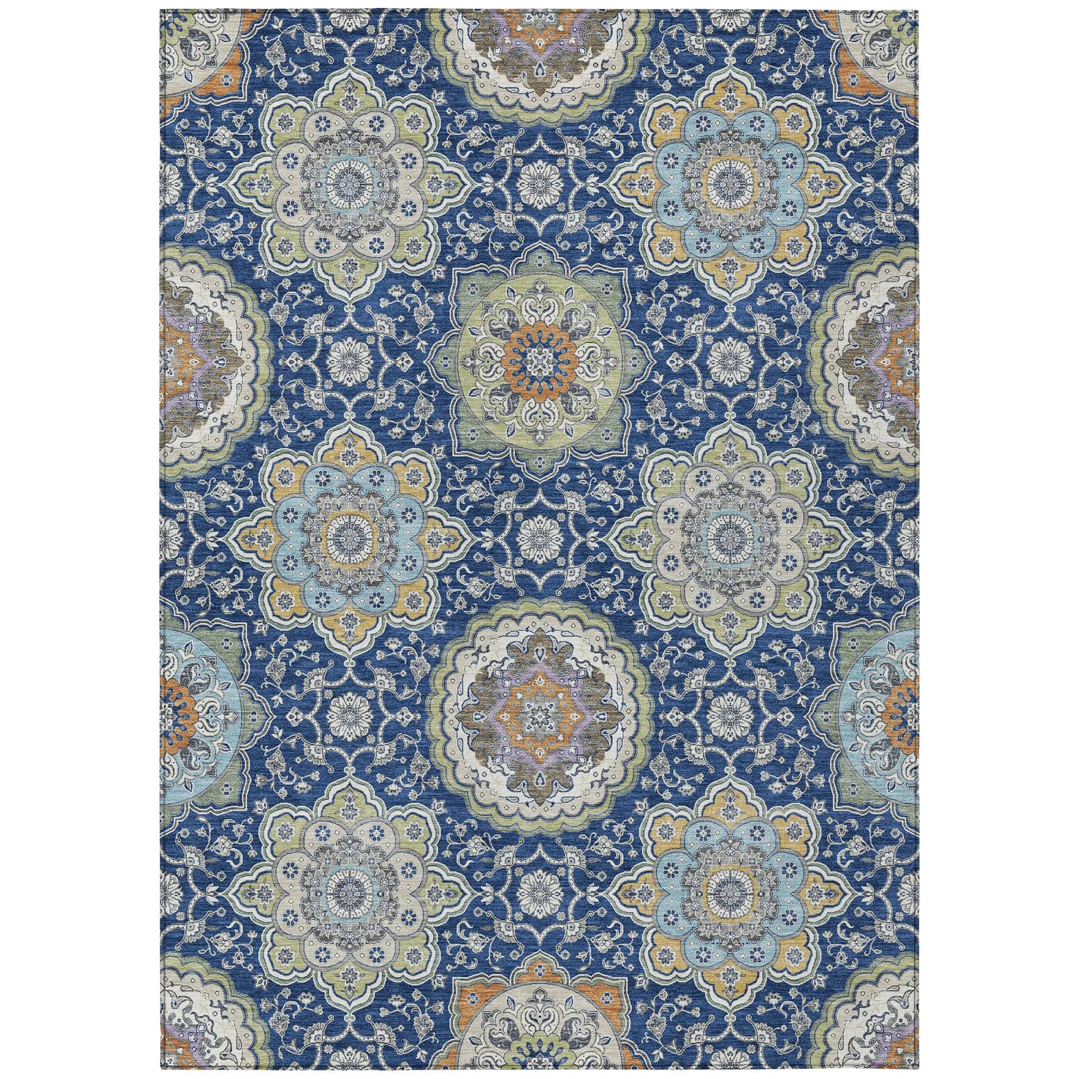 3' X 5' Navy Blue And Taupe Floral Medallion Washable Indoor Outdoor Area Rug Homeroots Outdoor