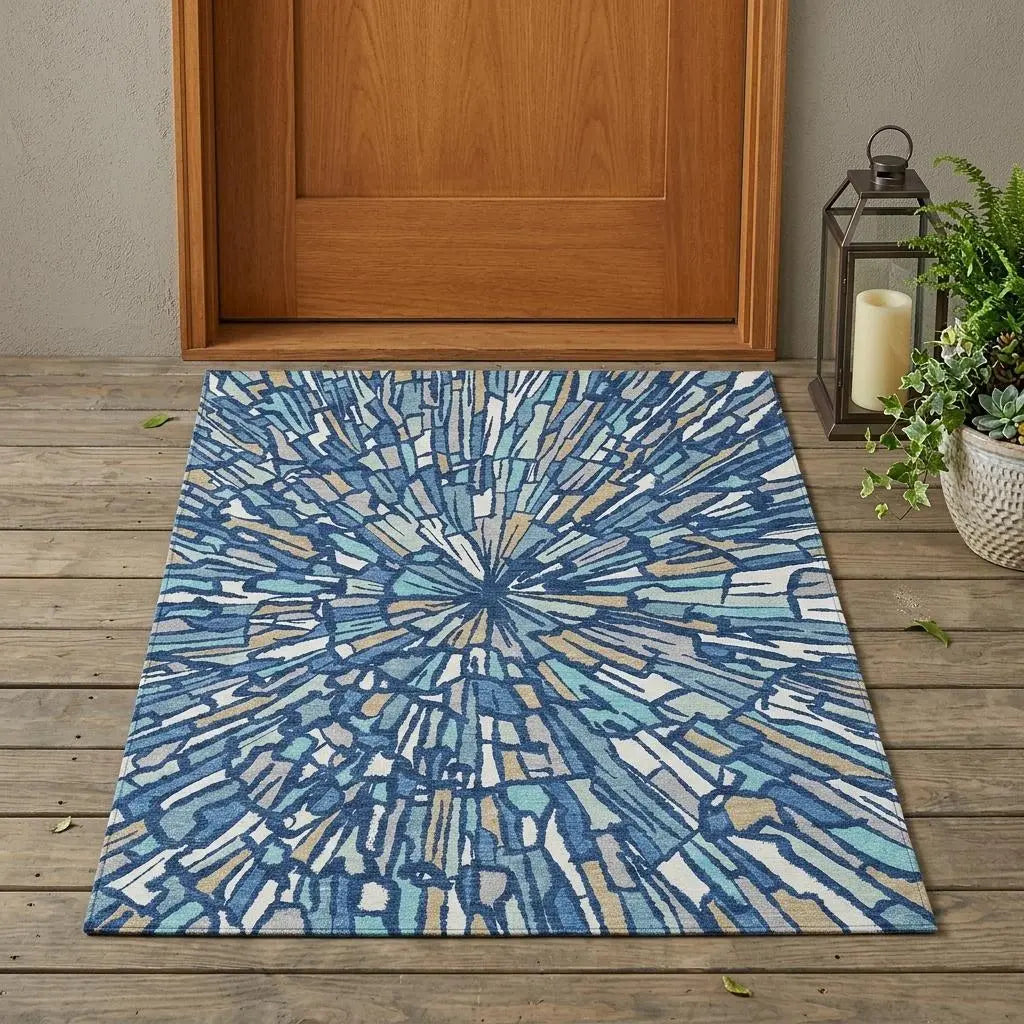 3' X 5' Navy Blue And Teal Blue Abstract Washable Indoor Outdoor Area Rug Homeroots Outdoor
