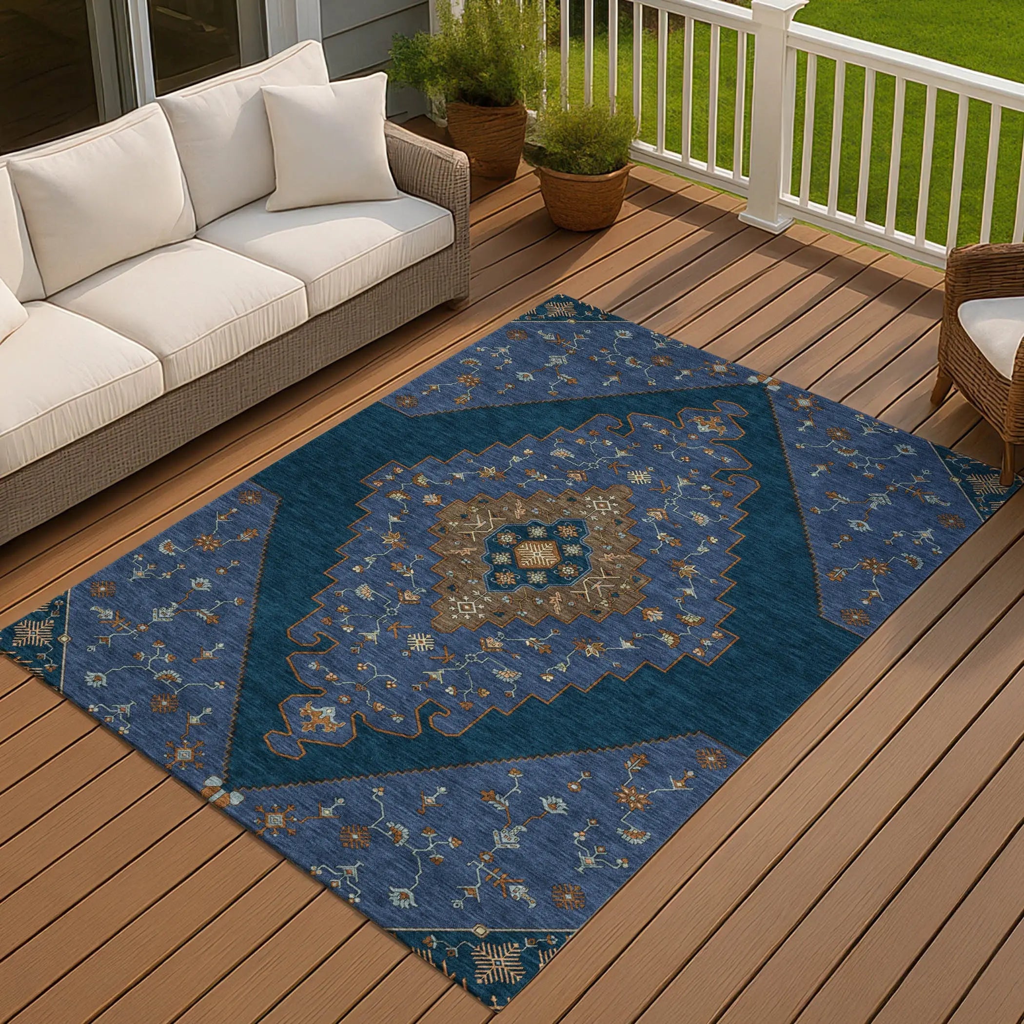 3' X 5' Navy Blue And Teal Blue Geometric Washable Indoor Outdoor Area Rug Homeroots Outdoor