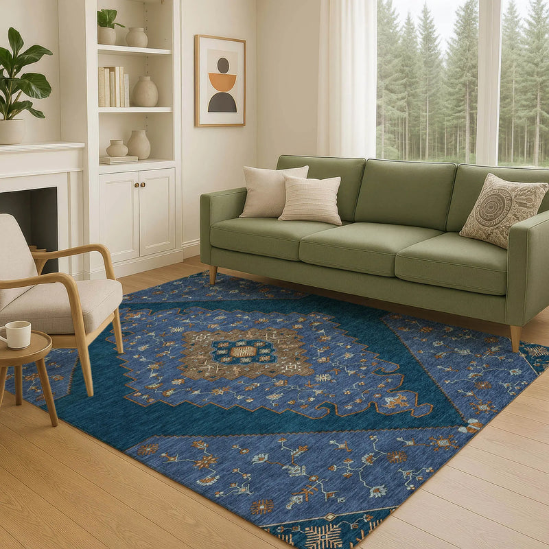 3' X 5' Navy Blue And Teal Blue Geometric Washable Indoor Outdoor Area Rug Homeroots Outdoor