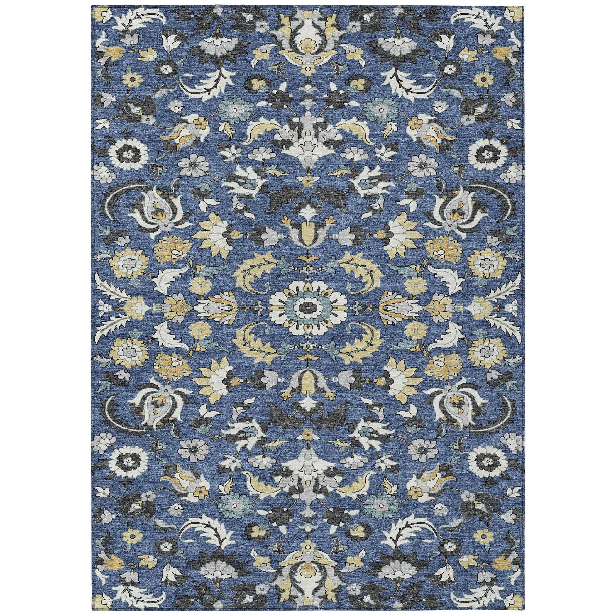 3' X 5' Navy Blue And Wheat Floral Medallion Washable Indoor Outdoor Area Rug Homeroots Outdoor